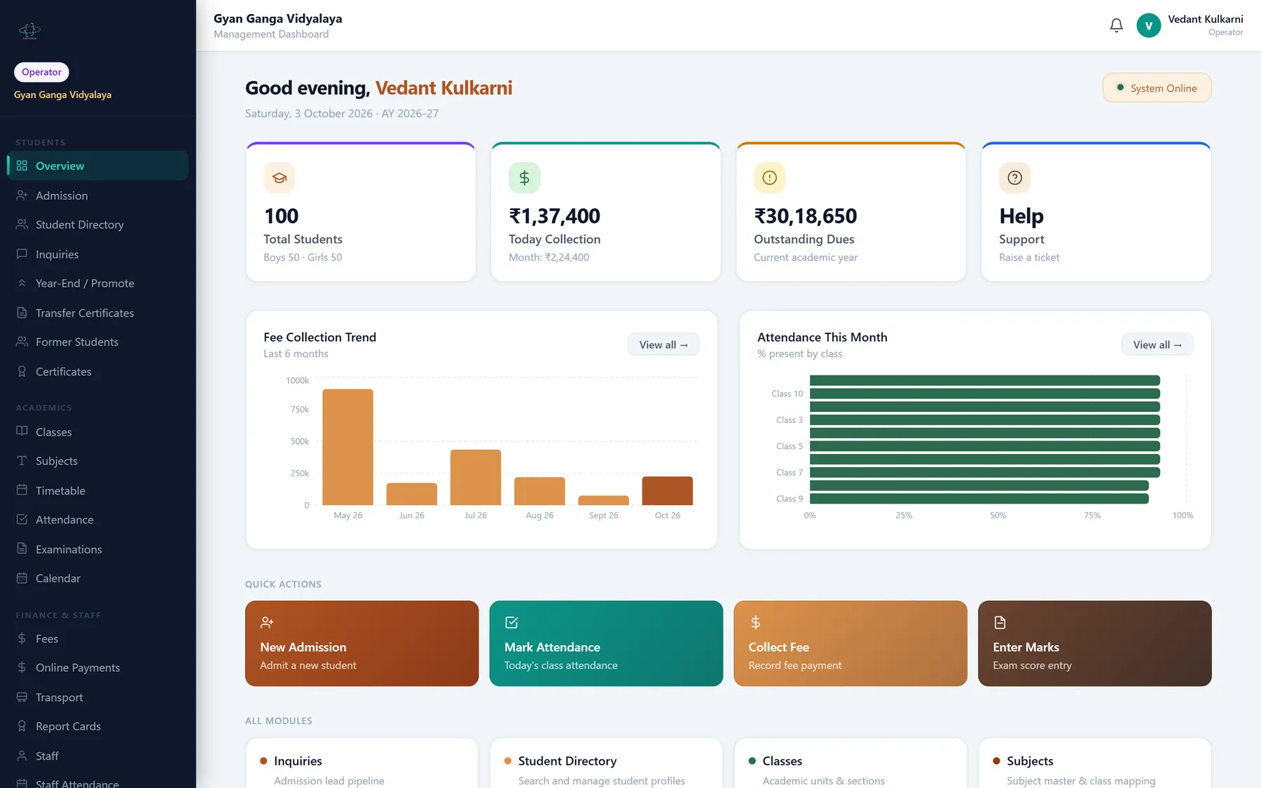 Infovion school dashboard: students, today's fee collection, outstanding dues and attendance
