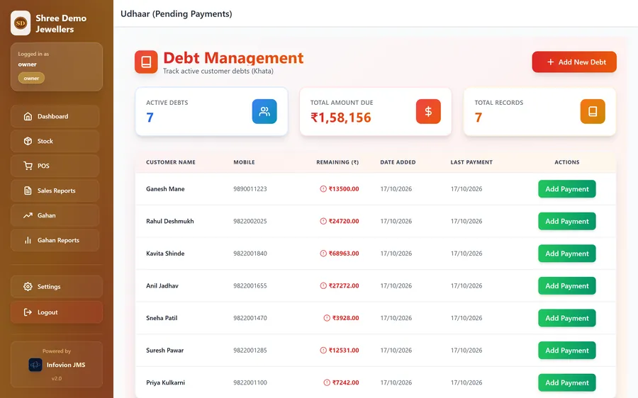 Udhaar (customer credit) ledger in Infovion JMS with amounts remaining
