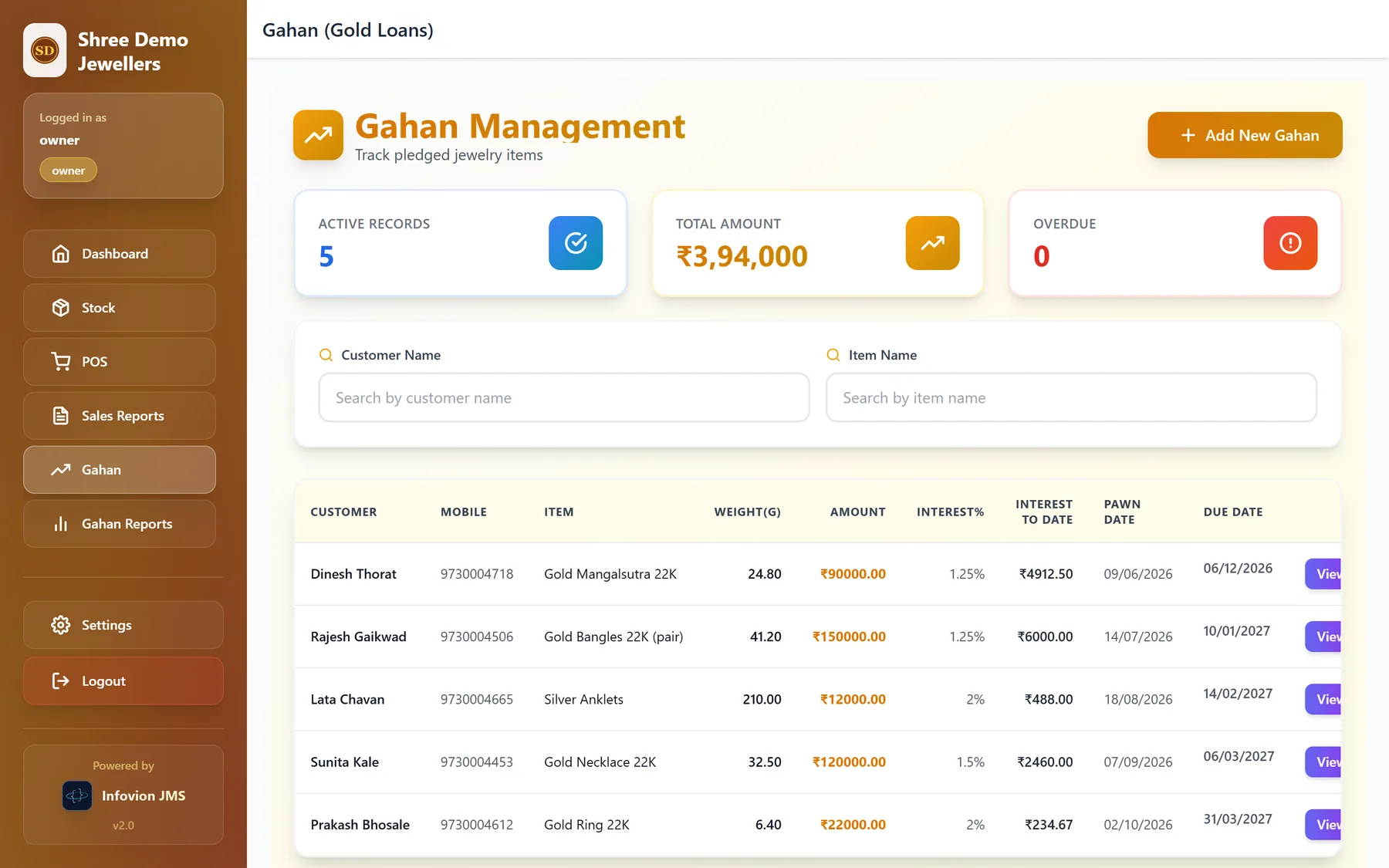 Gahan (gold loan) register in Infovion JMS with amounts, interest rates and due dates