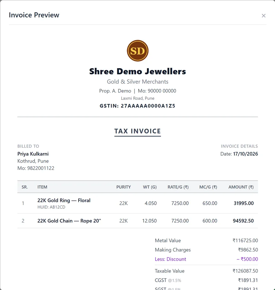 Jewellery GST invoice generated by Infovion JMS